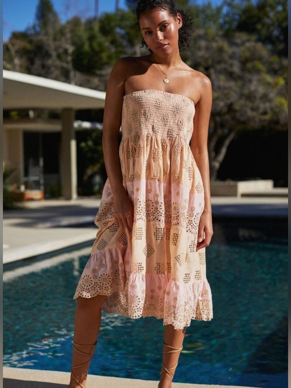 Anthropologie PQ SWIM Namaste Evie Eyelet Smocked Cover Up Dress or Skirt